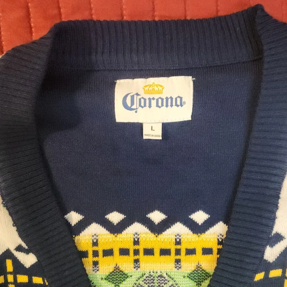 Corona Extra Feliz Navidad Ugly Christmas Sweater Cardigan Mens Large Blue White